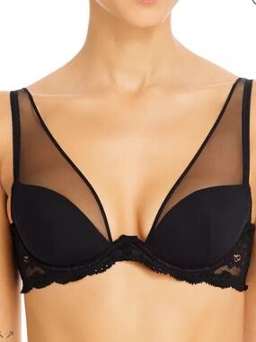 Fleur Du Mal Charlotte Sheer Overlay Lace Plunge Bra Size 36DD Black Tulle